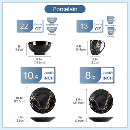 Black Plates and Bowls Sets for 4, Porcelain Dinnerware Sets 16 Piece Gold Splash Glaze Ceramic Dish Set, round Dinner Set with Mugs, Dishwasher Microwave Safe2