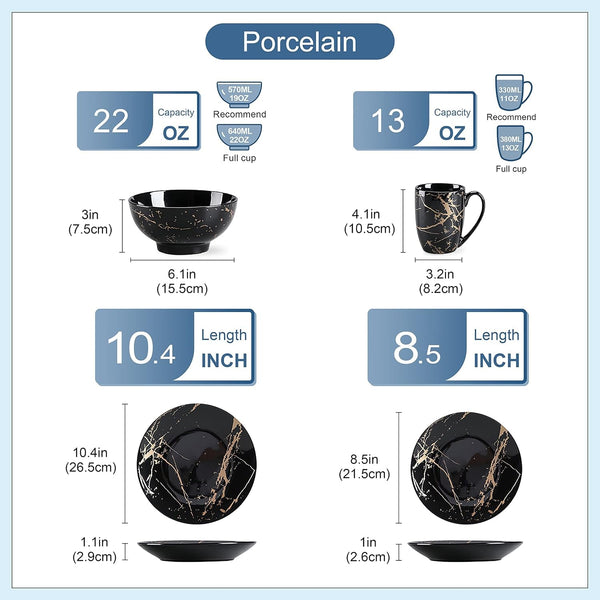 Black Plates and Bowls Sets for 4, Porcelain Dinnerware Sets 16 Piece Gold Splash Glaze Ceramic Dish Set, round Dinner Set with Mugs, Dishwasher Microwave Safe2