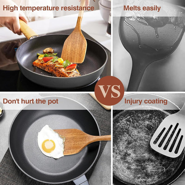 Wooden Cooking Utensils, 6 Pieces Natural Acacia Wooden Spoons for Cooking with Non Stick & Heat Resistant Design, Wooden Kitchen Utensil Set with Hanging Hole for Stirring, Mixing, Cooking3