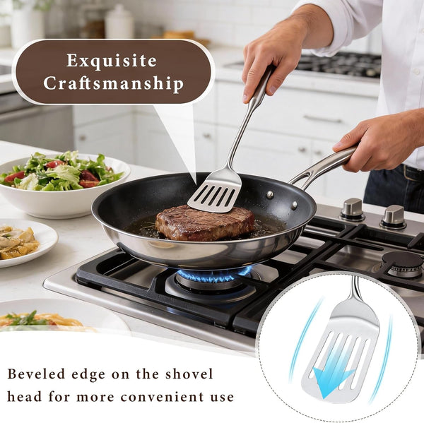 4-Piece Cooking Utensils Set, Stainless Steel Kitchen Utensils, Metal Kitchen Tools Include Solid & Slotted Turner Wok Spatula, Serving Spoon, Ergonomic Handle, Easy to Clean5