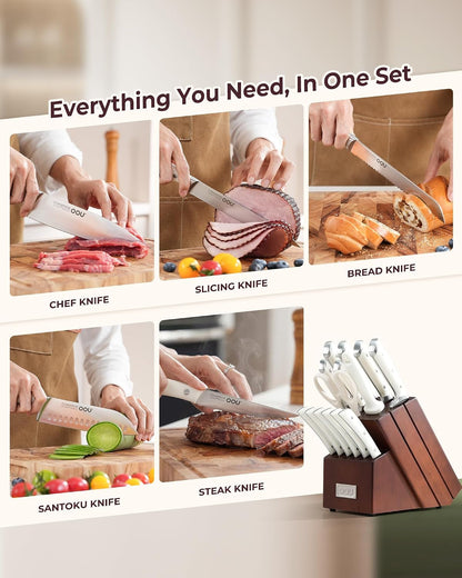 Knife Set, 15 Pcs German High Carbon Stainless Steel Kitchen Knife Set, Knife Sets with Block and Sharpener,Enduring Razor-Sharp FSC Wooden Knives Block Set for Kitchen，Brown9