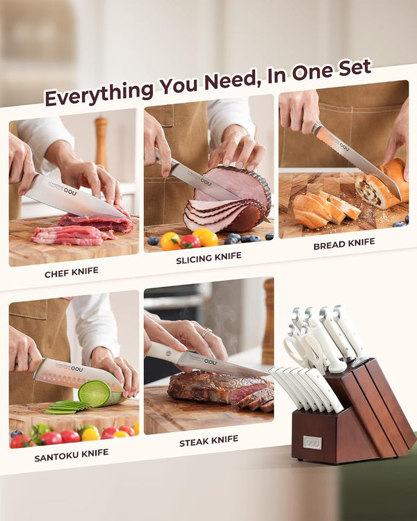 Knife Set, 15 Pcs German High Carbon Stainless Steel Kitchen Knife Set, Knife Sets with Block and Sharpener,Enduring Razor-Sharp FSC Wooden Knives Block Set for Kitchen，Brown9