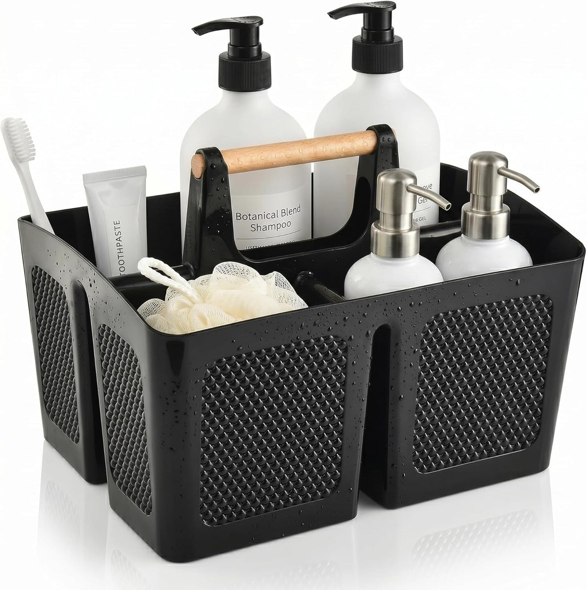 plastic-shower-caddy-with-wooden-handle-portable-3-compartment-bathroom-organizer-basket-with-drainage-holes-quick-dry-shower-basket-for-dorm-college-cleaning-supplies