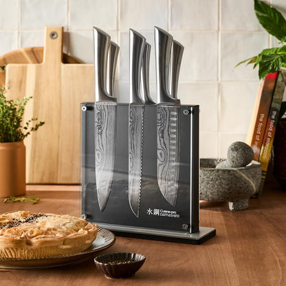 Damashiro Knife Block (Kumi, 7-Piece Chef Knife Set) - Japanese Steel Knife - Magnetic Knife Block- Damascus-Inspired Blade Kitchen Knives7