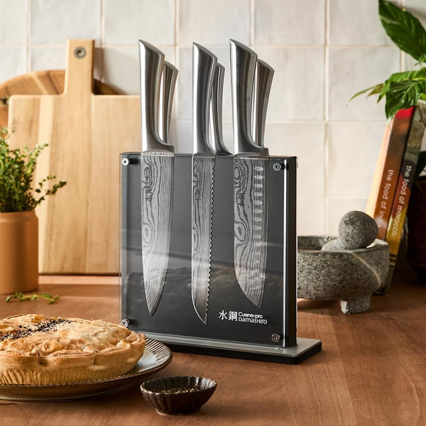 Damashiro Knife Block (Kumi, 7-Piece Chef Knife Set) - Japanese Steel Knife - Magnetic Knife Block- Damascus-Inspired Blade Kitchen Knives7