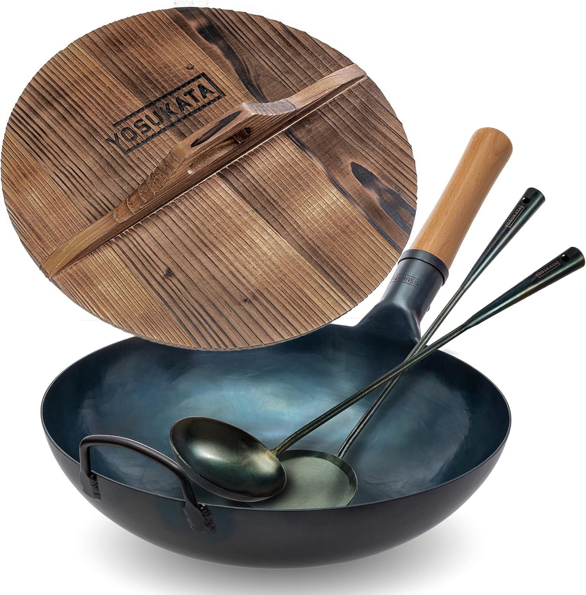 13-5-blue-carbon-steel-wok-pan-pre-seasoned-blue-carbon-steel-17-inch-spatula-and-ladle-premium-wok-cover-13-5-inch-pan-lid