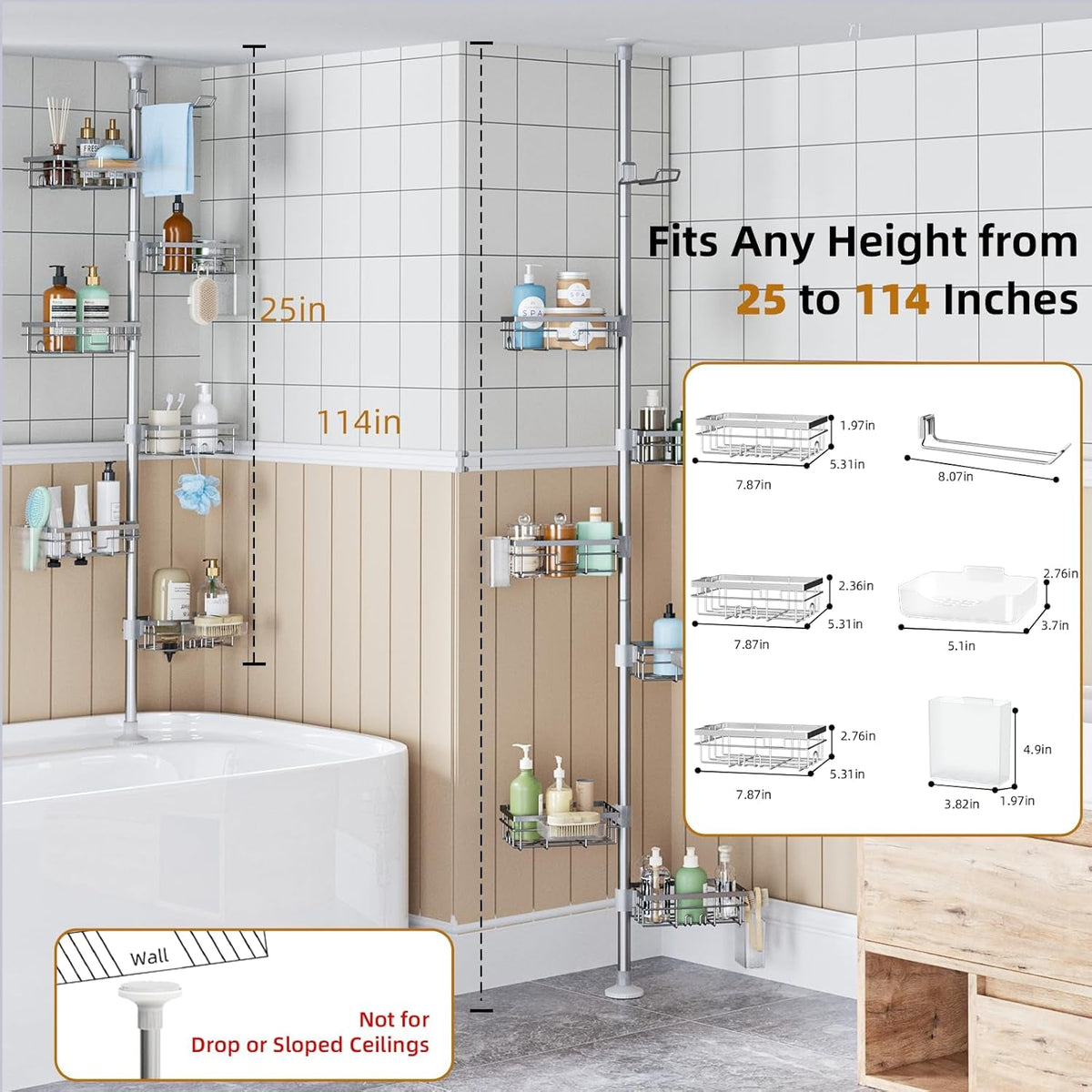 shower-caddy-organizer-tension-pole-rustproof-4-tier-corner-shower-rack-with-25-114-inch-adjustable-height-for-bathroom-storage-extra-towel-rack-soap-dish-and-toothbrush-holder-silver