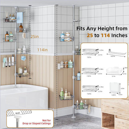 Shower Caddy Organizer Tension Pole, Rustproof 4 Tier Corner Shower Rack with 25–114 Inch Adjustable Height for Bathroom Storage, Extra Towel Rack, Soap Dish and Toothbrush Holder, Silver2