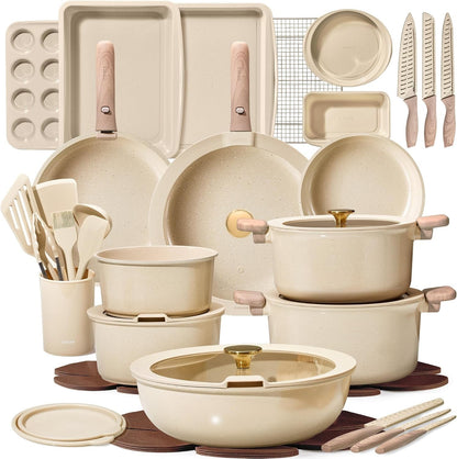 49Pcs Pots and Pans Set, Ceramic Cookware Set with Detachable Handle | Baking Pans Set, Knife Set, Non Stick, Induction Compatible, Dishwasher& Oven Safe, Space Saving, for Kitchen/Rv/Camping1