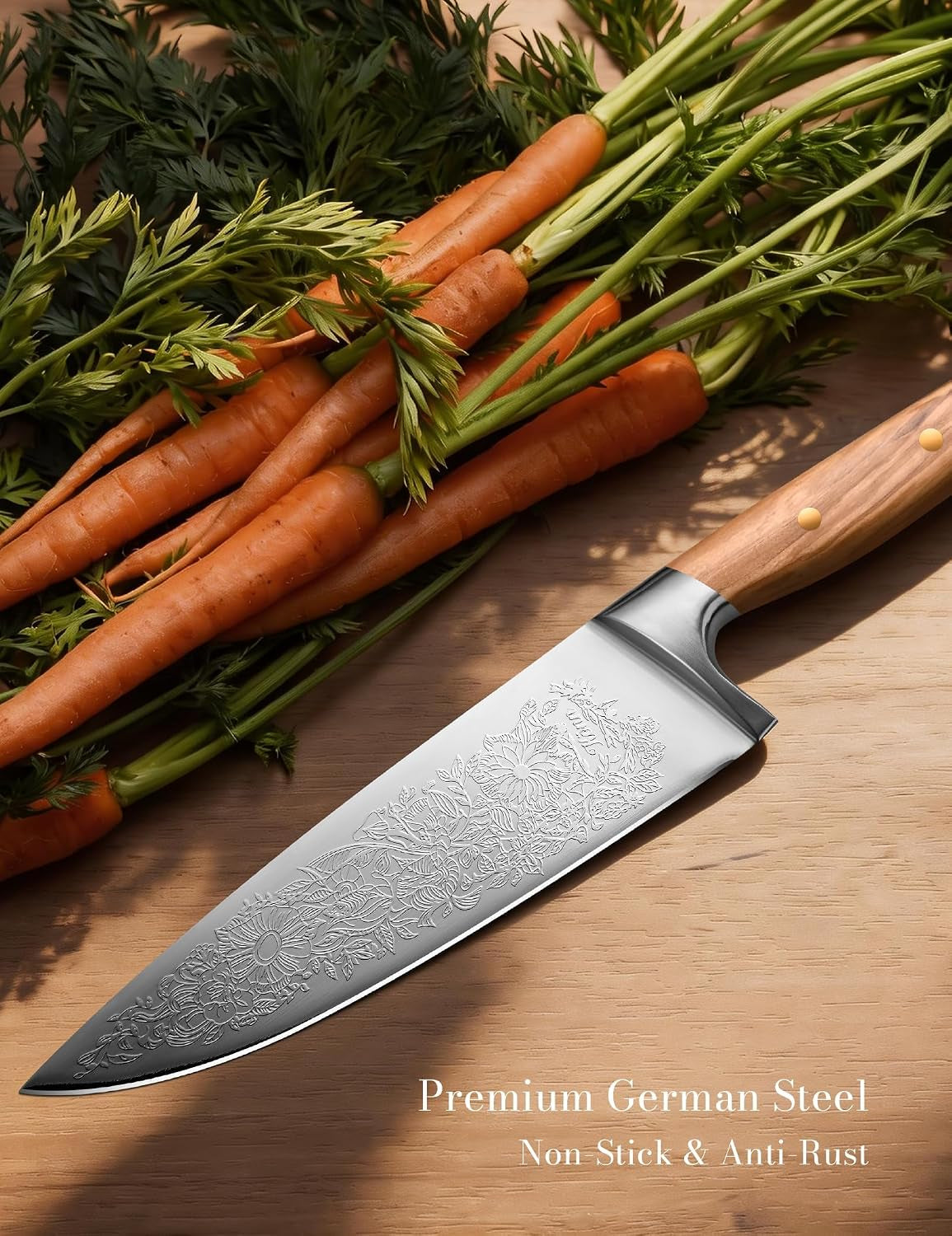 chef-kitchen-knife-8-embossed-botanical-blade-olive-wood-handle