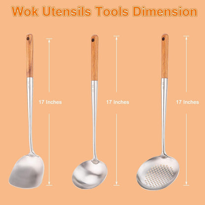 Wok Spatula and Ladle,Skimmer Ladle Tool Set, 17Inches Spatula for Wok, 304 Stainless Steel Cooking Utensils5