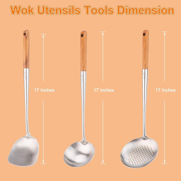 Wok Spatula and Ladle,Skimmer Ladle Tool Set, 17Inches Spatula for Wok, 304 Stainless Steel Cooking Utensils5
