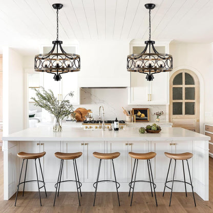 Rustic Drum Chandelier, 5-Light Black and Imitation Wood Farmhouse Ceiling Light Fixture, round Wood Grain Finish, Adjustable Height, for Dining Room, Hallway9