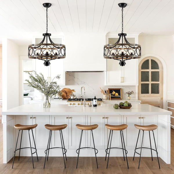 Rustic Drum Chandelier, 5-Light Black and Imitation Wood Farmhouse Ceiling Light Fixture, round Wood Grain Finish, Adjustable Height, for Dining Room, Hallway9