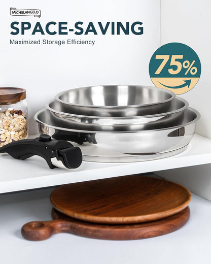 Stainless Steel Frying Pan Set, Cooking Pans with Removable Handle, Triply Base Stainless Steel Pan Set, Induction Compatible Skillet- 8" & 9.5" & 11"3