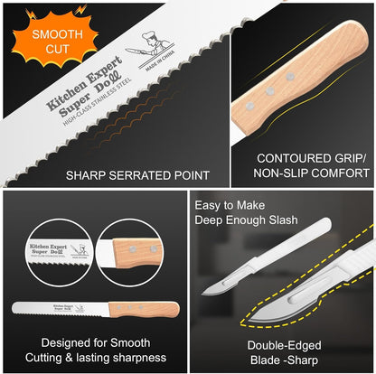2-Pack Bread Knife & Bread Lame Set: 8" Premium Stainless Steel Serrated Knives Blade with Wood Handle for Homemade Bread, Sourdough Tomato, Bagel + Dough Scoring Tool for Razor Sharp Carving6