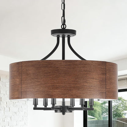 20'' Farmhouse Chandeliers for Dining Room, 6-Light Rustic Chandelier Foyer Lighting Fixtures with Drum Shade, Wood Grain Drum Chandeliers Hanging Light Fixture for Living Room Entryway Hallway1