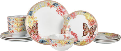 12 Piece Jeweled Mosaic Butterfly Dinnerware Set Porcelain Dinner Plates, Salad Plates, Bowls, Service for 4, Microwave Dishwasher Safe1