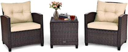 3 Pieces Patio Furniture Set, PE Rattan Wicker 3 Pcs Outdoor Sofa Set W/Washable Cushion and Tempered Glass Tabletop, Conversation Furniture for Garden Poolside Balcony (Beige)1