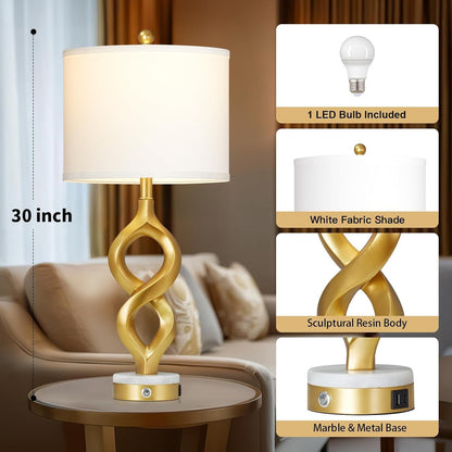 30" White and Gold Table Lamp for Living Room, Modern Touch Control Bedside Lamp for Bedroom, 3-Way Dimmable Sculptural Resin Nightstand Lamp with USB A+C Ports and 1 LED Bulb (1 Pack)2
