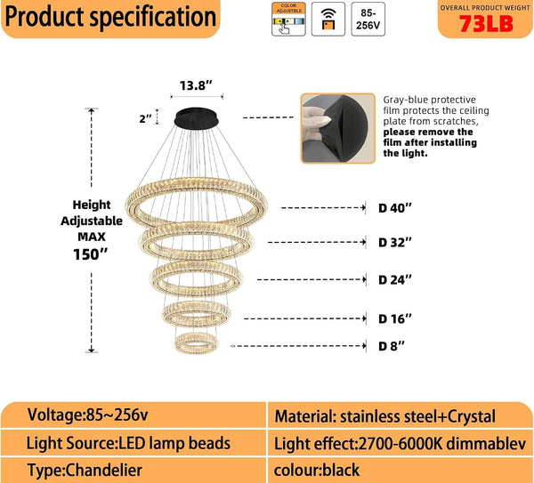 Large LED 5 Ring Chandelier for High Ceiling Modern Long Crystal Chandelier Lighting Ceiling Chandeliers for Staircase Foyer, Black D8''+15.7"+23.6"+31.5"+39.4"3