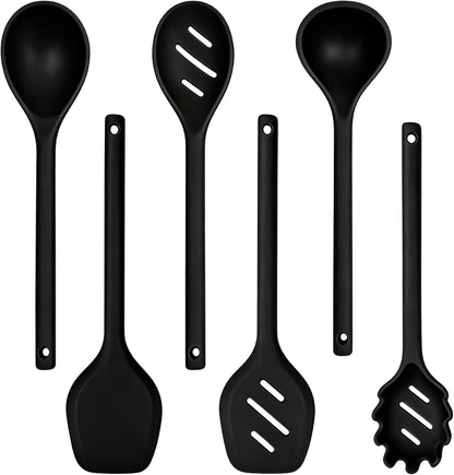 Mejoncb 6 Piece Silicone Cooking Utensils Set, Heat Resistant Spatula Ladle Spoon Set with Stainless Steel Handle, Non-Stick Cookware Kitchen Tools (Black)1