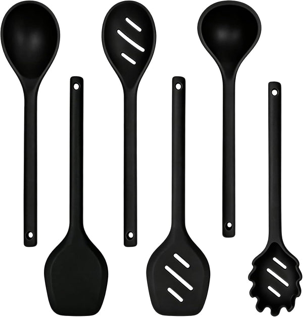 Mejoncb 6 Piece Silicone Cooking Utensils Set, Heat Resistant Spatula Ladle Spoon Set with Stainless Steel Handle, Non-Stick Cookware Kitchen Tools (Black)1