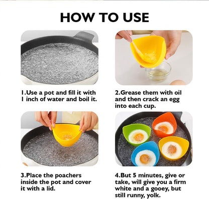 Silicone Egg Poacher Cups, 4 Pack with Stable Ring Base | Make Poached Eggs Easily on Stovetop, Microwave, Air Fryer or Oven, Easy Release, Bpa-Free, Includes Oil Brush3