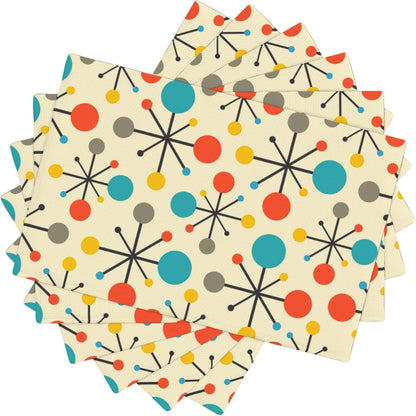 Mid Century Fifties Modern Atomic Retro Placemats Set of 6 Yellow Kitchen Table Mats for Dining Farmhouse Holiday Home Decor Linen Washable Place Mats, 12X18Inch1