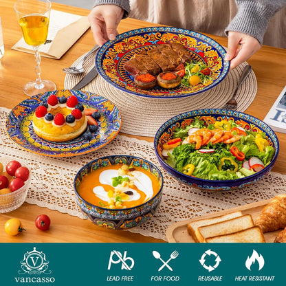 24-Piece Dinnerware Sets,Plates & Bowls Sets Service for 6, Bohemian Porcelain Dishes Set for 6, Kitchen Dinner Set,Microwave & Dishwasher Safe, Scratch Resistant,Series KRVI3