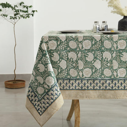 Indian Handblock Print Floral Cotton Table Cloth|Rectangle 60X90 Inch 6-Seater Kitchen Dining Table Cloth|Mother'S Day St.Patrick Wedding Holiday Party Decorative Table Cover|Moss Green1
