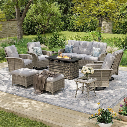 10-Piece Patio Furniture Set with 44'' Fire Pit Table, Luxury Outdoor Furniture Set with 360° Swivel Chairs, Patio Conversation Set for Backyard, Poolside & Garden, Beige/Gray1