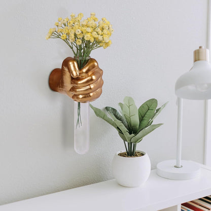 Gold Wall Sculptures, Hand Vases Home Decor, Wall Mount Art Sculpture, Unique Wall Art Statue, Funky Flower Vase Decorations, Modern Eclectic Hanging Decor,Glass Test Tube Vase3