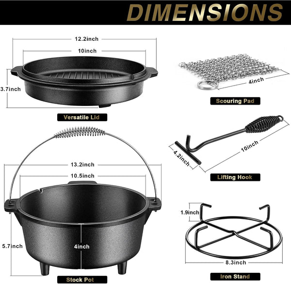 Pre-Seasoned Cast Iron Camp Dutch Oven with Accessories, 5QT Pot | Open Fire Camping Cookware with 2QT Skillet Lid for Outdoor Campfire Cooking - Baking Sourdough Bread, Oven Safe2