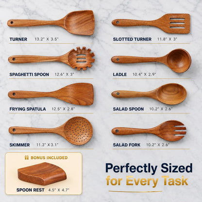 9-Piece Teak Wooden Utensil Set – Wooden Spoons for Cooking with Spoon Rest, Wooden Spatula, and Non Toxic Cooking Utensils – Premium Kitchen Utensils Set for Daily Use7