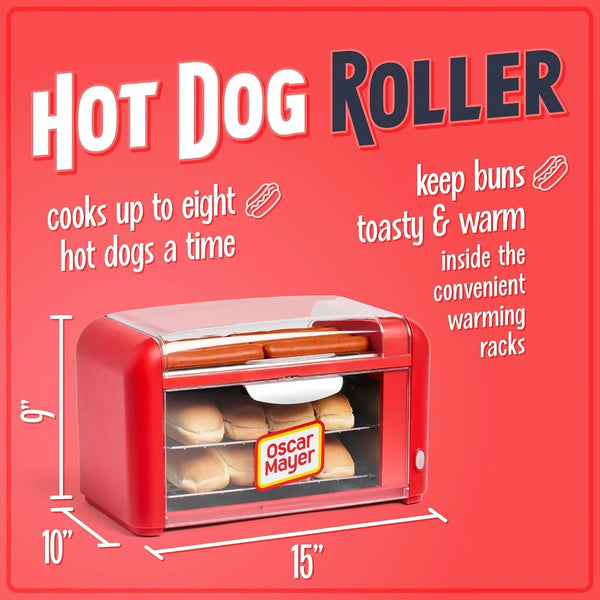 Oscar Mayer Extra Large 8 Hot Dog Roller & Bun Toaster Oven- Stainless Steel Grill Rollers for Cooking Veggie Sausages & Brats- Multi-Use Warming Oven with Adjustable Timer for Parties - Red2