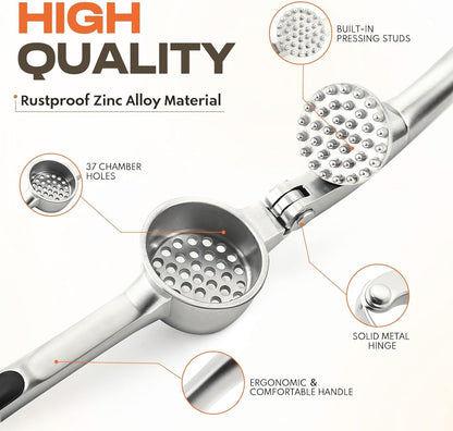 Kitchen Garlic Press, Rust Proof & Dishwasher Safe Garlic Mincer, Durable Garlic Crusher Set with Peeler＆Brush, Easy to Clean and Squeeze, Matte3