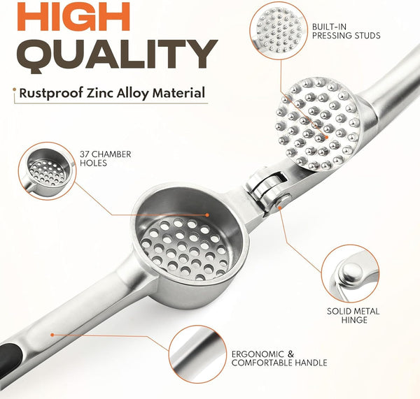 Kitchen Garlic Press, Rust Proof & Dishwasher Safe Garlic Mincer, Durable Garlic Crusher Set with Peeler＆Brush, Easy to Clean and Squeeze, Matte3