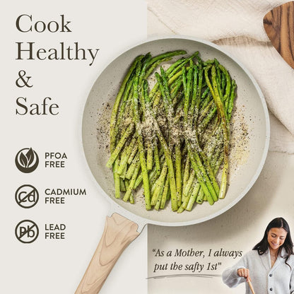 3Pcs Cream White Non Stick Skillet Set, Cream White | Non Toxic Granite Frying Pan with Heat-Resistant Handle, All Stovetops Compatible, Pfoa-Free, 8"+10"+12"4