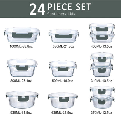 24 Piece Glass Food Storage Containers with Lids,Gray2