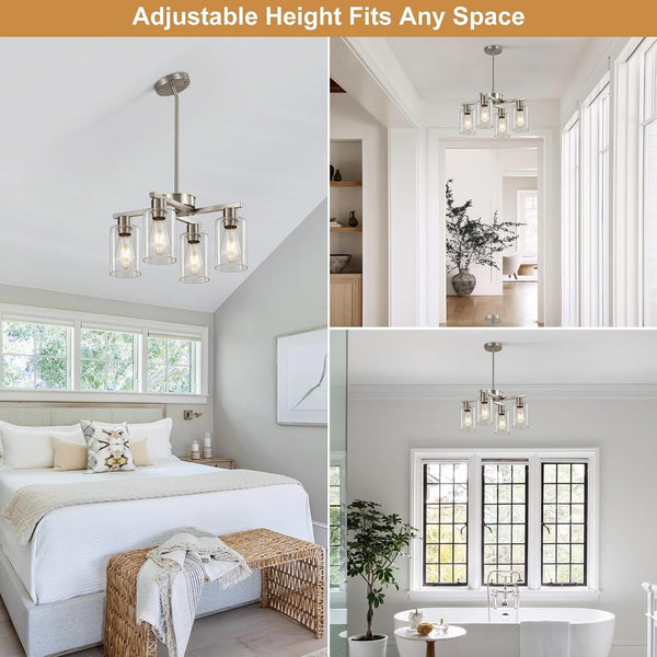 4-Light Brushed Nickel Dining Room Chandelier, Modern Glass Pendant Light8