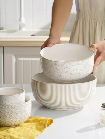 Mikiegy Ceramic Mixing Bowls Set of 4, Nesting Ceramic Embossment Stoneware Mixing Bowls for Cooking, Serving, Popcorn, Salad Etc, Microwave & Dishwasher Safe, 20/44/98/145 Oz, Off-White9