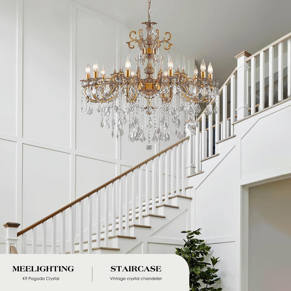 Gold Crystal Chandelier, 10-Light Antique Bronze Candle Pendant Ceiling Light Fixture with K9 Crystals for Dining and Living Room, Bedroom, Kitchen Island, Hallway, Dia 36"4