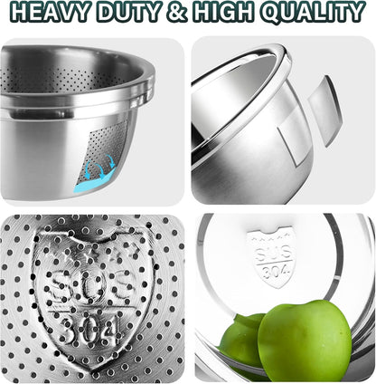 304 Stainless Steel Colander 2QT Microporous Colander & Mixing Bowl for Kitchen Cooking,Rice Strainer with Washing Bowl for Pasta Straining,Fruit Washing,Vegetable Draining(2Pcs)4