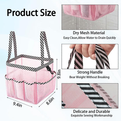 Mesh Shower Caddy Portable for College Dorm Room Essentials, 9 Pocket Large Capacity Waterproof Hanging Toiletry Tote with 2 Handles, Pink Bathroom Organizer for Swimming, Gym, Camp, Beach, Travel3