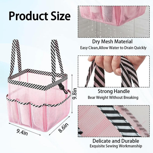 Mesh Shower Caddy Portable for College Dorm Room Essentials, 9 Pocket Large Capacity Waterproof Hanging Toiletry Tote with 2 Handles, Pink Bathroom Organizer for Swimming, Gym, Camp, Beach, Travel3