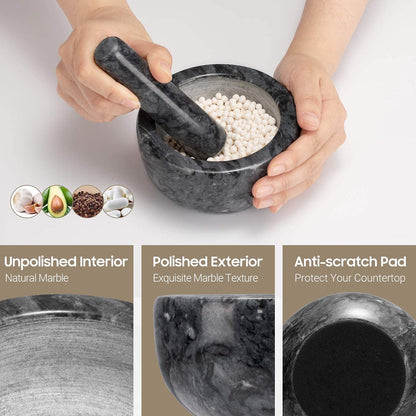 Marble Mortar and Pestle Set Small Bowl Solid Stone Grinder Spice Herb Grinder Pill Crusher (Black, Diameter 4.64")4