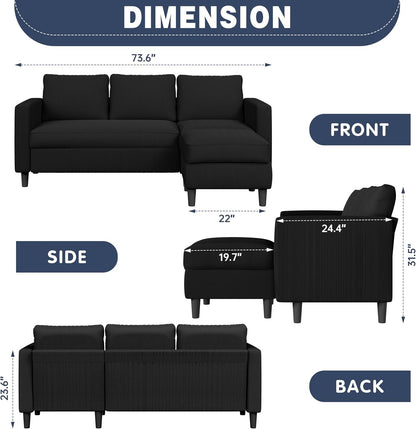 L Shaped Sectional Sofa Couch,Convertible Modular Sofas with Movable Ottoman,3-Seat Upholstered Corduroy Couch,Small Couches for Living Room,Apartment,Office(Black)3