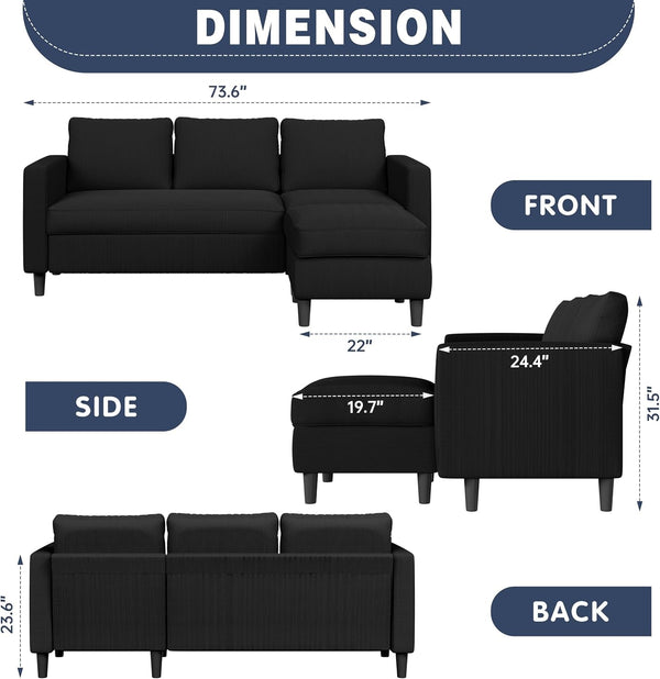 L Shaped Sectional Sofa Couch,Convertible Modular Sofas with Movable Ottoman,3-Seat Upholstered Corduroy Couch,Small Couches for Living Room,Apartment,Office(Black)3