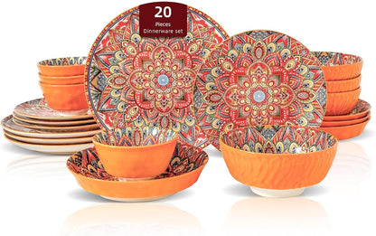Homevss 20 Pieces Dinnerware Sets, Plates and Bowls Set, Porcelain Dishes Set for 4, Microwave and Dishwasher Safe, Scratch Resistant, Bohemian Style Dining Ware1